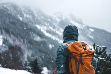 hiker with insulated jacket braving cold mountain winds - obrazy, fototapety, plakaty