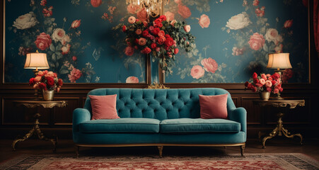 A living room with a blue couch and flowers on the wall. 