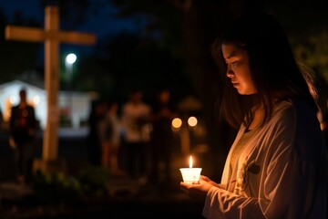 woman holding a candle praying in front of cross during vigil - obrazy, fototapety, plakaty