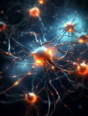 Synapse firing in the brain, neurons lighting up, dark background, micro closeup, high contrast