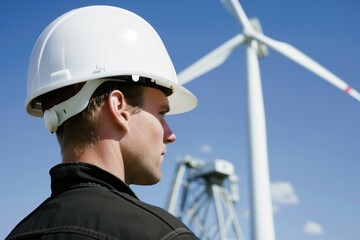 worker wearing hard hat in front of turbine