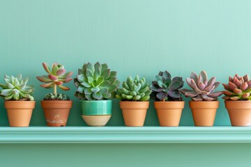 Colorful Succulents on Sage Green Shelf

