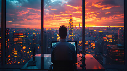 an unknown investor looking out the window of an office at the top of a skyscraper, behind him a large desk with monitors showing stock market research.