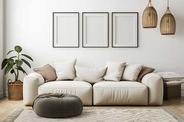 Minimalist Elegance. A Modern Neutral-Toned Living Room with Sleek Furnishings and Tropical Accents. Contemporary Calm. A Chic and Spacious Living Area with Clean Lines and Botanical Touches. Mockup