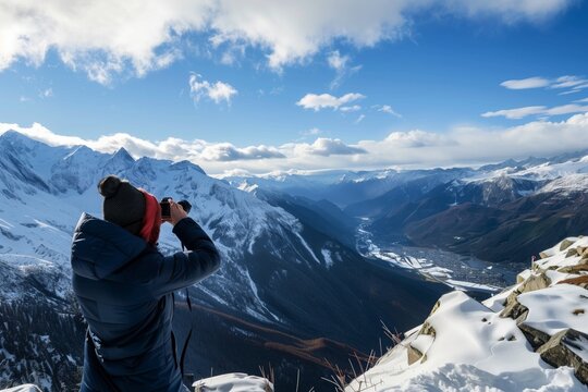 person taking panoramic photo from snow mountain vista