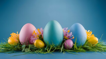 Fototapeta na wymiar Blue Easter background with eggs, flowers, perfect for designs