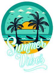 Fototapeta na wymiar summer holiday poster and vacation poster, tropical island with palm trees, stamp with the image of the world, illustration of a surfer with surfboard, t-shirt design.