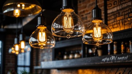 Fototapeta na wymiar Warm Filament Bulbs Adorn Modern Cafe, Infusing Ambiance with Vintage Charm