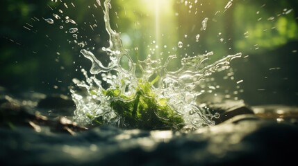 Water splash with green plants and drops.