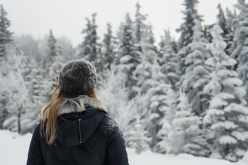 Fototapeta na wymiar back shot, woman facing snowcovered trees