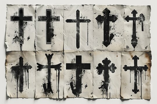 A set of grunge crosses painted with drybrush strokes