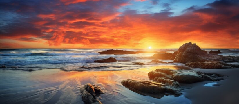 The red sky at morning transforms into a picturesque sunset over the beach, with rocks and waves painting a serene natural landscape against the dusk sky