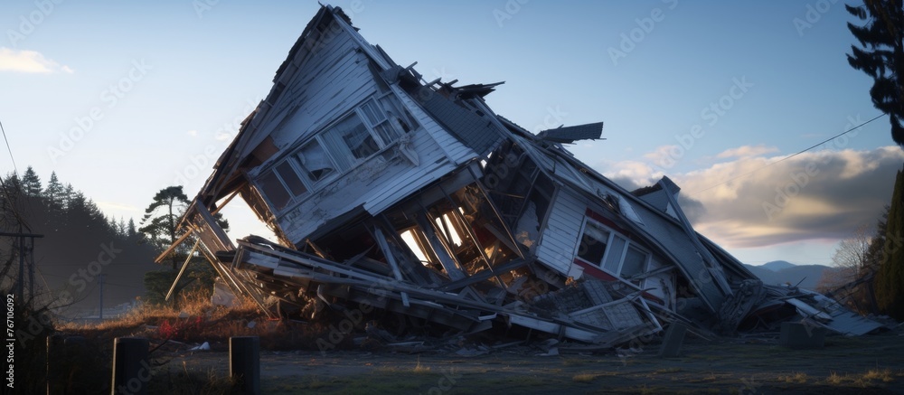 Poster A house lies on its side in the field, merging with the landscape. The sky above is filled with clouds, creating an artistic and surreal event