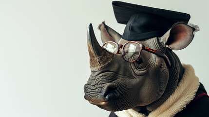 Portrait of rhinoceros wearing a graduation cap and glasses.