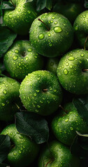 fresh green apples with rain drops 