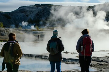 visitors watching geothermal springs without touching - obrazy, fototapety, plakaty