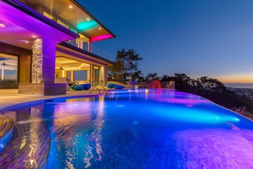 Fototapeta na wymiar luxurious home pool with multicolored lighting at night