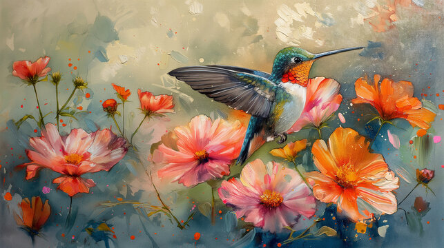 realistic oil painting with watercolor spashes and drips of 2 humming birds closeup with beautiful flowers in a beautiful garden setting but the picture is a closeup of the humming birds and a few bri