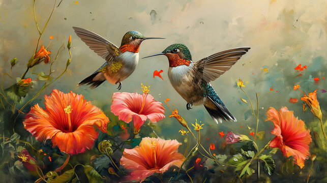 realistic oil painting with watercolor spashes and drips of 2 humming birds closeup with beautiful flowers in a beautiful garden setting but the picture is a closeup of the humming birds and a few bri