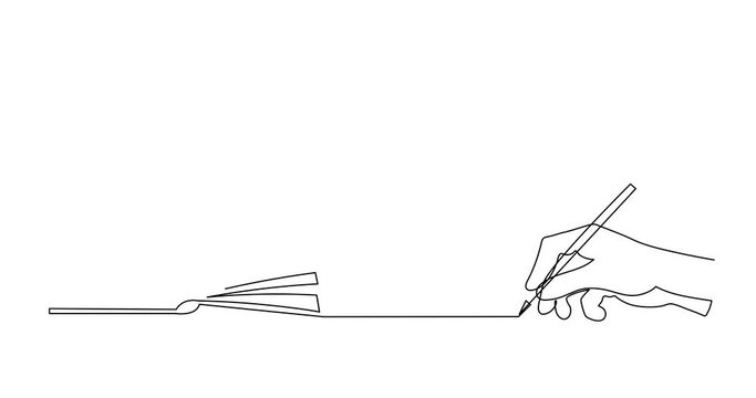 Hand writes book one line art animation,hand drawn notes in workbook,lesson summary continuous drawing contour motion.Minimalist design.Book writing video outline.4k self-drawing movie
