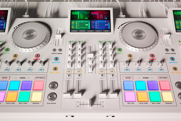 Close-up of Advanced DJ Mixer and Controller with Vibrant Pads & Screens