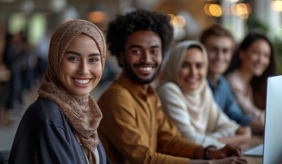 A group of people wearing head scarves are smiling and posing for a picture - obrazy, fototapety, plakaty