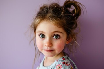 Portrait of a beautiful little girl with long hair on a purple background