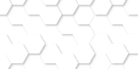 Fotobehang Abstract background with hexagonal geometric hexagon polygonal pattern background. 3d seamless bright white web cell and triangle abstract honeycomb background. white and gray backdrop wallpaper. © MOHART PARK