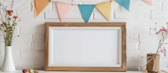 White wooden frame is placed on a table, with party flags displayed against a white brick wall.