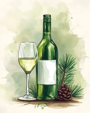 Bottle and glass of white wine, watercolor illustration.