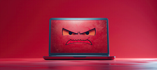cartoon character angry laptop on red isolated background with copy space