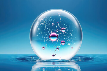 Fototapeta na wymiar Cosmetic Essence, Liquid bubble, Molecule inside Liquid Bubble on water background, 3d rendering
