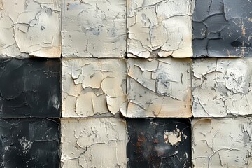 An abstract grunge texture of black squares on white.