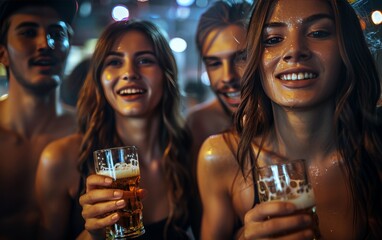 A group of people are smiling and holding glasses of beer