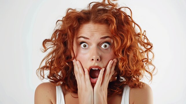 Shocked European woman while watching look above isolated white background .Image of excited screaming young woman standing isolated over orange background. Looking camera.Portrait American woma