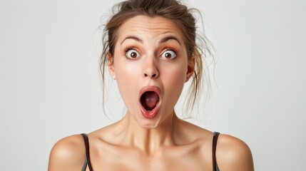 Shocked European woman while watching look above isolated white background .Image of excited screaming young woman standing isolated over orange background. Looking camera.Portrait American woma - obrazy, fototapety, plakaty
