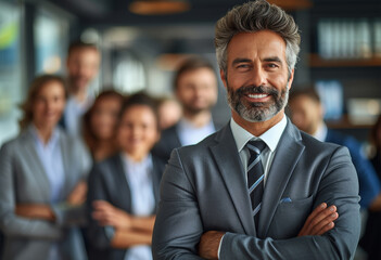 Fototapeta premium A man with a big smile is standing in front of a group of people