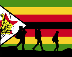 Immigration and refugees front of Zimbabwe flag, immigrant and refugee concept