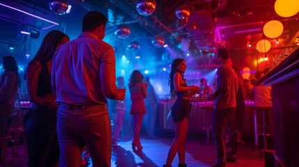 Vibrant nightclub scene with revelers dancing under dynamic lights - obrazy, fototapety, plakaty