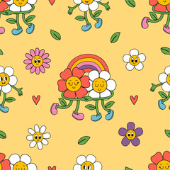 seamless pattern  with groovy flowers and rainbow - 767108257