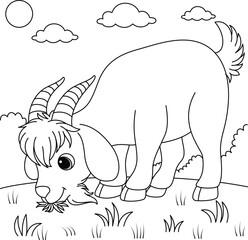 Cute kawaii a goat is grazing on the meadow cartoon character coloring page vector illustration
