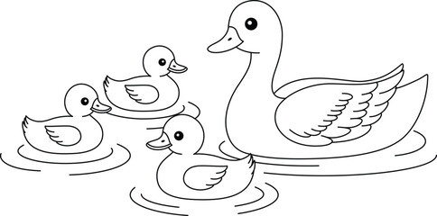 Cute kawaii a duck family is swimming in a tranquil pond cartoon character coloring page vector illustration