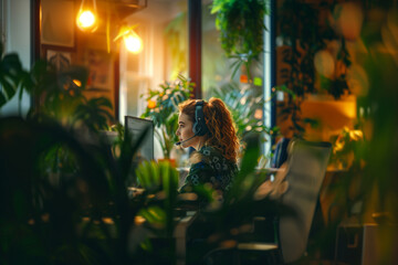A woman in a headset works in a green office full of plants. - obrazy, fototapety, plakaty
