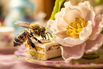 Fotobehang bee suctioning nectar from a sugar flower on a wedding cake slice © studioworkstock