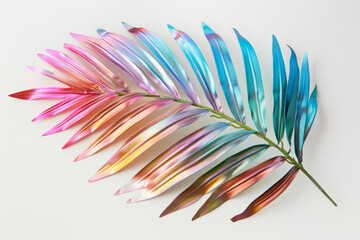 Tropical palm leaf with vibrant gradient holographic colors on a minimalist pastel background.