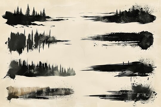 An assortment of modern brush strokes that are dry
