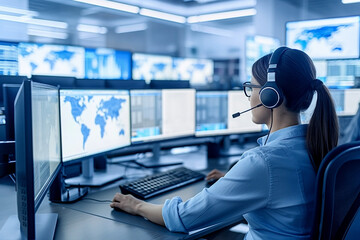 A woman in a suit works in a bright blue office in front of many monitors. Government information monitoring agency.