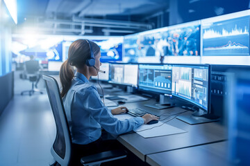 A woman in a suit works in a bright blue office in front of many monitors. Government information monitoring agency.
