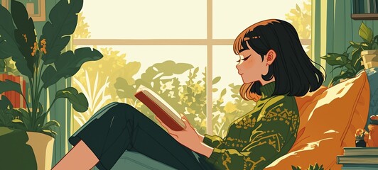 woman reading book at home in springtime, happy reading concept, artful minimal style cartoon illustration with grungy noise texture, Ai Generated - obrazy, fototapety, plakaty