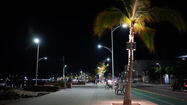 Night view of the malecon next to the beach playa in La Paz, Mexico on Baja California Sur.